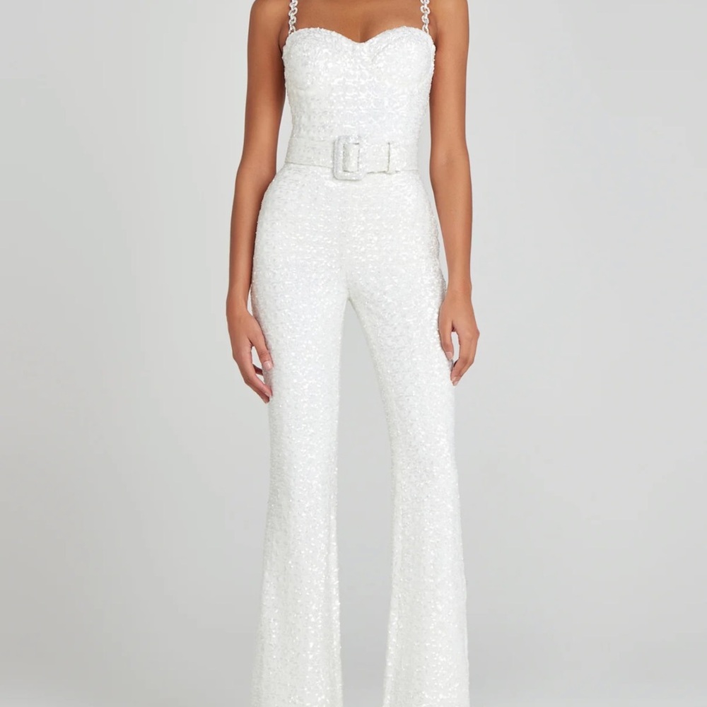 Strapless White Sequined Jumpsuit with Belt